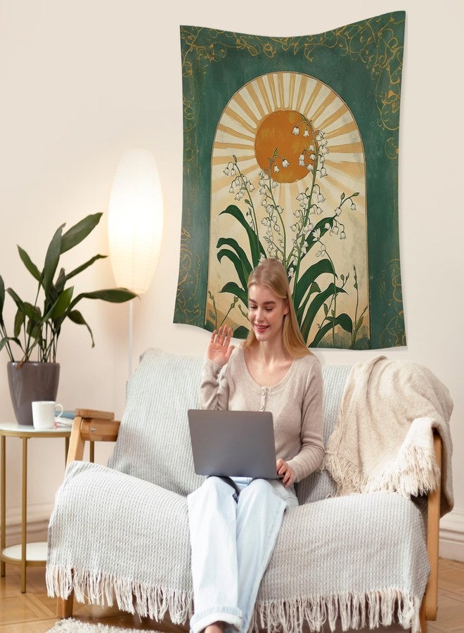 HUGANE Emerald Green Lily of the Valley Boho Sun Tapestry, Mystical Folk Botanical Wall Tapestries, Vintage Boho Sunshine Flower Hanging Wall Decor for Bedroom Living Room Home Office - Image 4